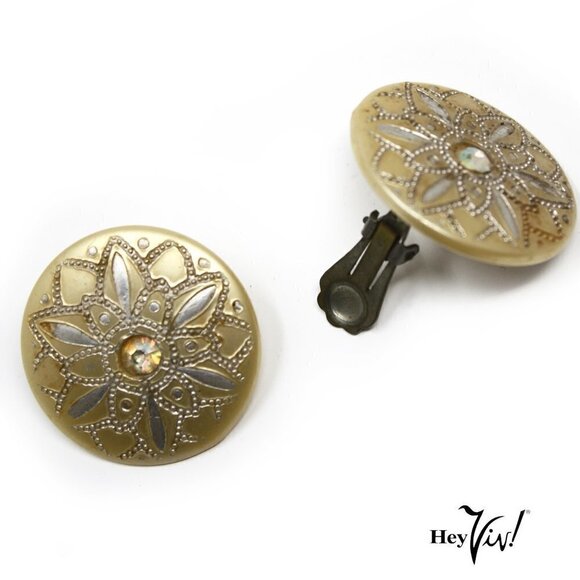 Vintage Clip On Button Earrings - Thermoset Intricate Etched Design - Hey Viv - Picture 3 of 4